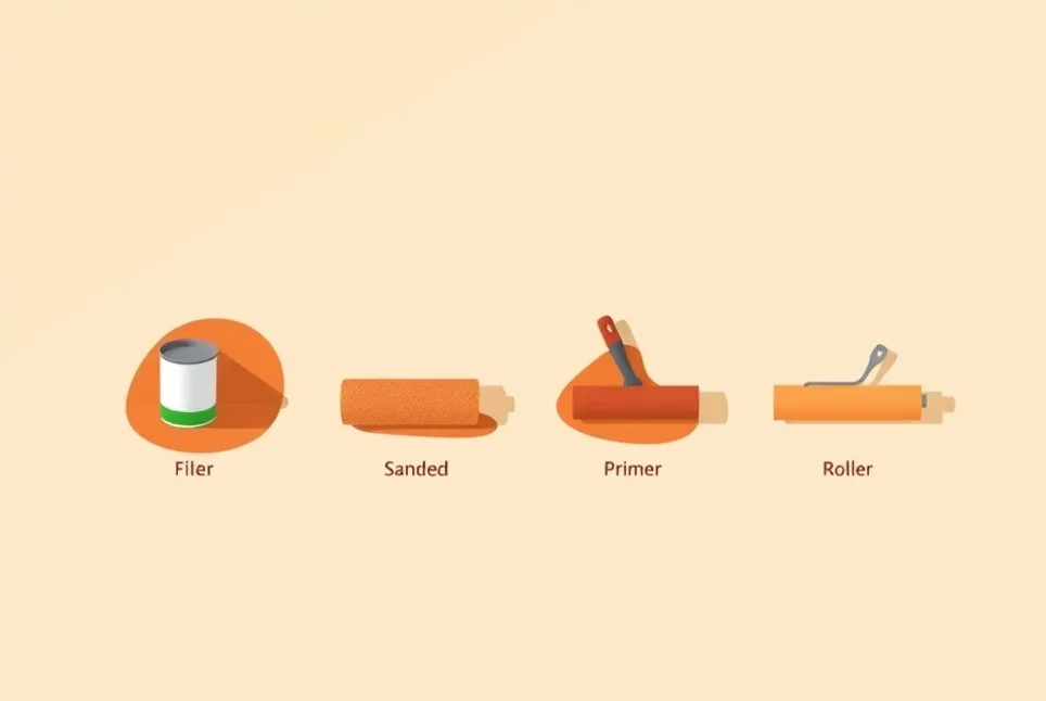 Outils de peinture disposés dans l'ordre des étapes du chantier
