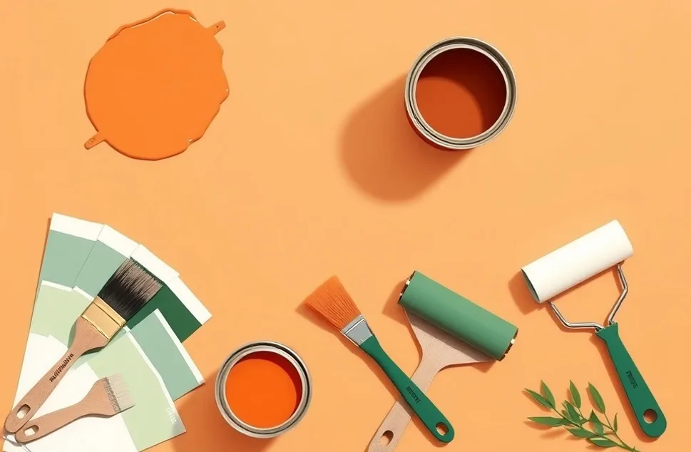 Pots de peinture, nuancier, brosses et rouleaux disposés à plat