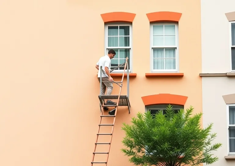 Peintre sur échafaudage traitant la façade d'une maison