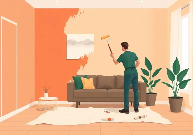 Peintre appliquant la peinture au rouleau sur un mur de salon